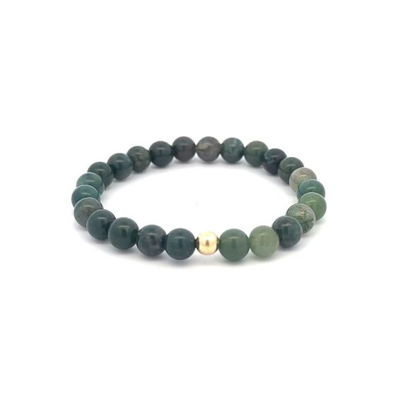 RAFANTHIA Jewelry - Natural Moss Agate 6mm Stretchable Bracelet 18k Gold Bead Charm